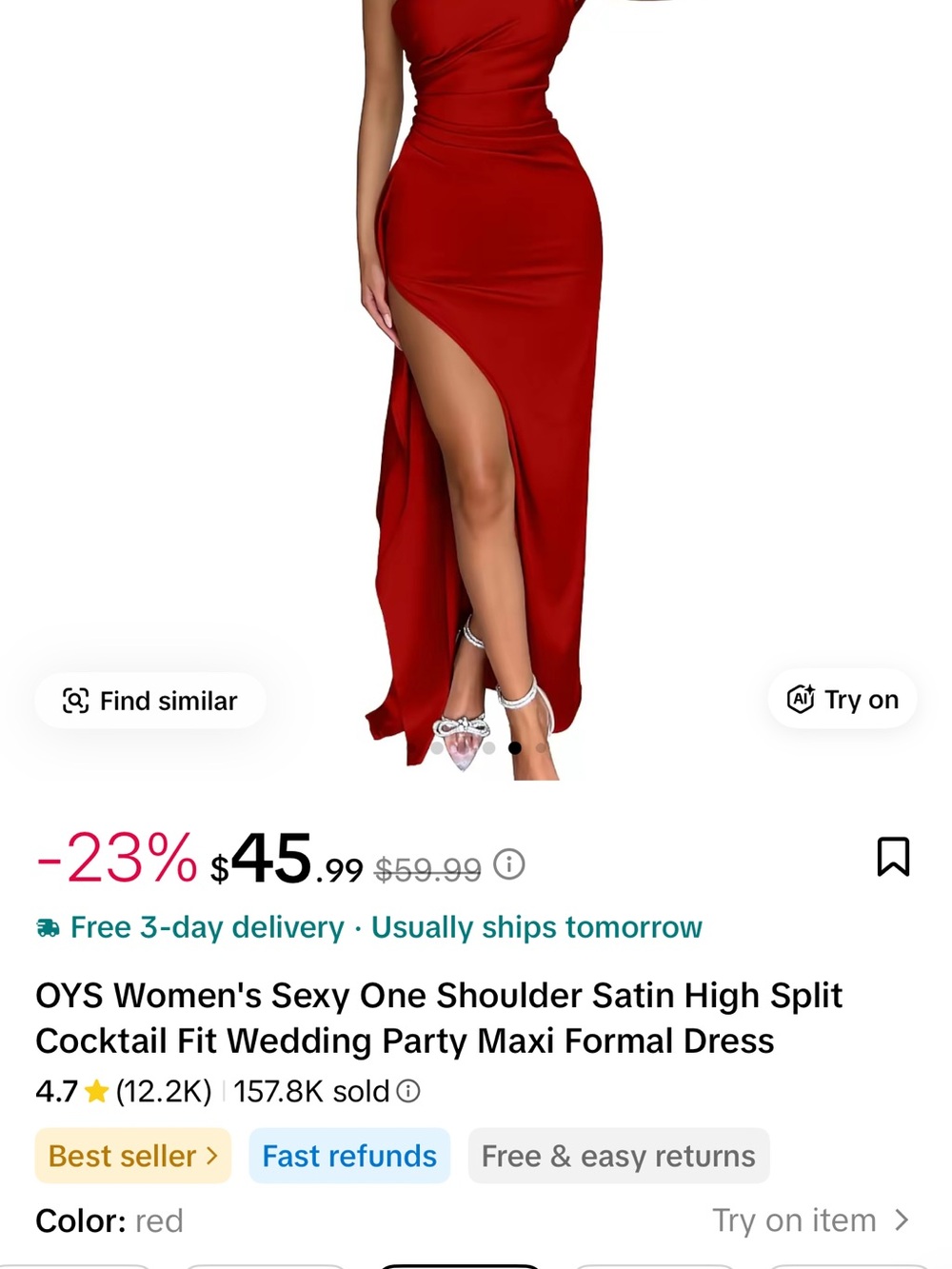 Red One-Shoulder Satin High-Slit Dress
